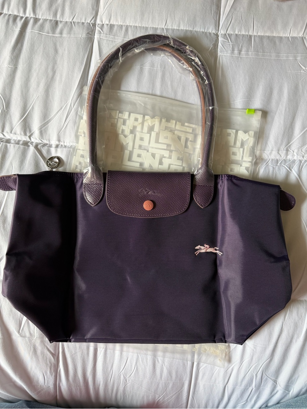Longchamp Purple Nylon Tote with Pink Logo Accent